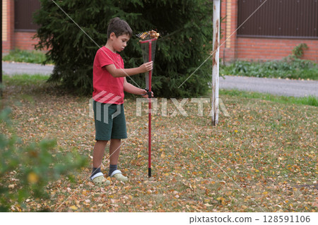 Boy raking leaves in a backyard, focused on his task. Concept: Emphasizing the importance of teaching children responsibility and the benefits of engaging in outdoor chores. 128591106