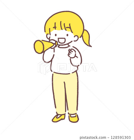 一位穿著休閒服的女士拿著擴音器歡呼 128591303