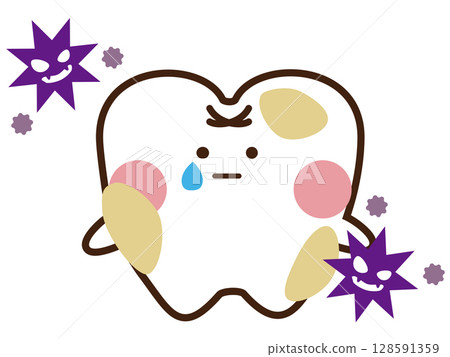可愛的牙齒吉祥物形像被牙菌斑污染 128591359