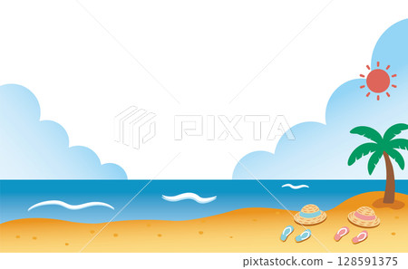 Summer background illustration (straw hat and sandals) spreading across the seaside_No background color 01 128591375