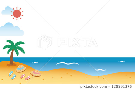 Summer background illustration (straw hat and sandals) spreading across the seaside_no background color 02 128591376