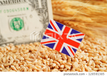 English flag on grain wheat, trade export and economy concept. 128591385