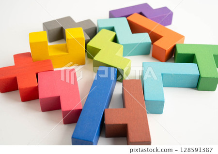 Logical thinking and problem solving problem solution creative business, wooden puzzle geometric block shape. 128591387