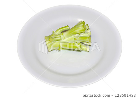 Raw broccoli stems on a white plate (transparent background) 128591458