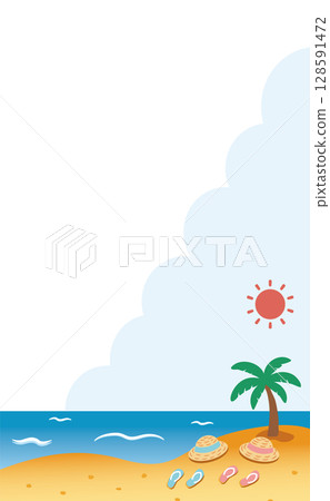 Summer background illustration (straw hat and sandals) spreading across the seaside, vertical type_no background color 128591472