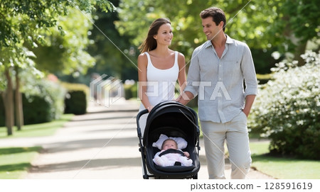 Caucasian young couple strolling with baby in park. 128591619