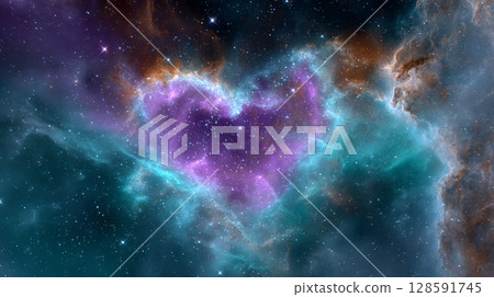 Celestial heart nebula with vibrant purple and blue cosmic clouds. 128591745