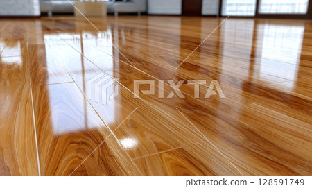 Glossy hardwood flooring in sunlit modern living room. Glossy hardwood flooring in sunlit modern living room. 128591749