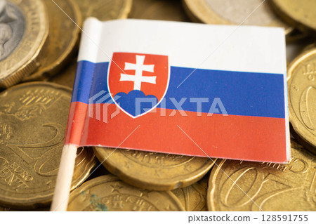 Slovakia flag on coins background, finance and accounting, banking concept. 128591755