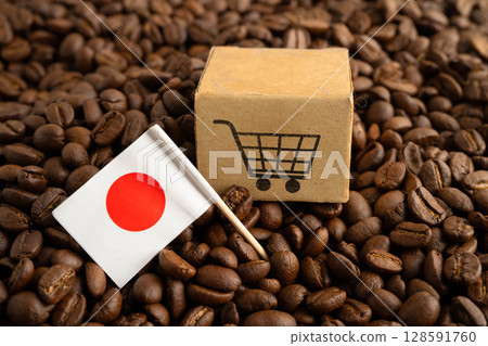 Japan flag on coffee beans, shopping online for export or import food product. Japan flag on coffee beans, shopping online for export or import food product. 128591760