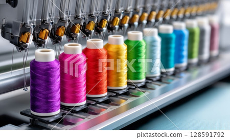 Colorful thread spools in modern embroidery machine for textile manufacturing. 128591792