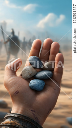 Close-up of hand holding stones with blurred soldiers in background. 128591857