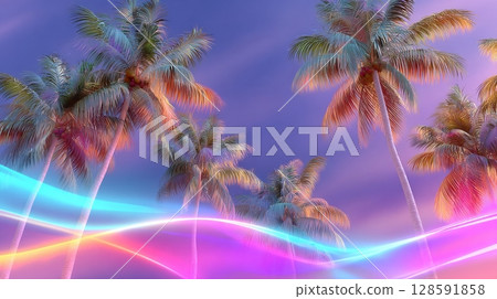 Vibrant palm trees at sunset with colorful light streaks in tropical sky. 128591858
