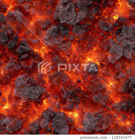 Molten lava and charred rocks creating a fiery landscape. 128591877