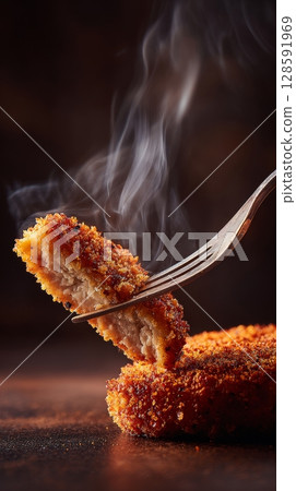 Crispy fried breaded cutlets with fork on rustic background. 128591969