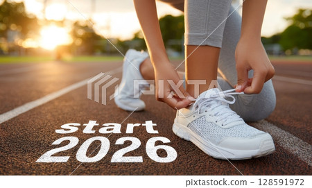 Young female preparing for running on track with motivational start 2026 message. 128591972