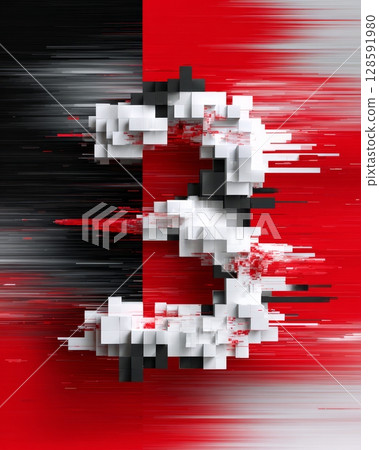 Pixelated number three with red and black distorted background. Pixelated number three with red and black distorted background. 128591980