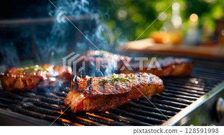 Juicy grilled steaks on outdoor bbq with smoke and herbs. Juicy grilled steaks on outdoor bbq with smoke and herbs. 128591998