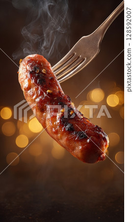 Grilled sausage on fork with smoke against bokeh background. Grilled sausage on fork with smoke against bokeh background. 128592007