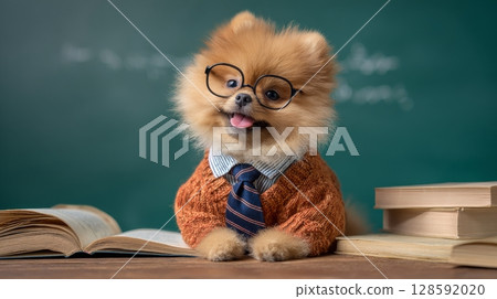 Adorable pomeranian in glasses and sweater sitting among books with chalkboard background. 128592020