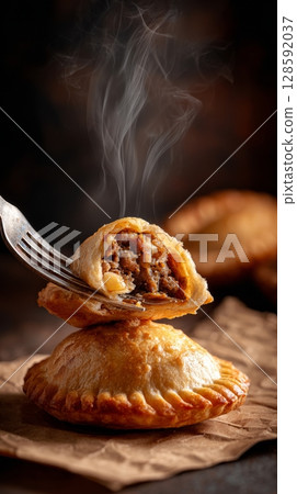 Golden empanadas with savory beef filling and steam rising. 128592037