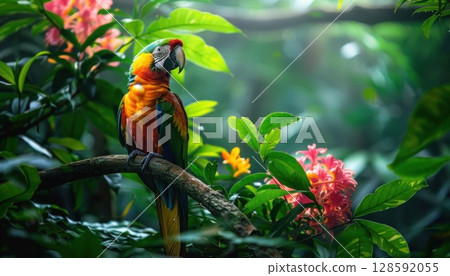 Colorful bird perched on jungle tree branch, surrounded by lush greenery 128592055