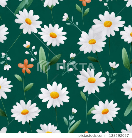 Seamless floral pattern with white daisies and green leaves on teal background. 128592057