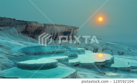 Sunset over cliff, water in foreground. Stunning natural landscape 128592104