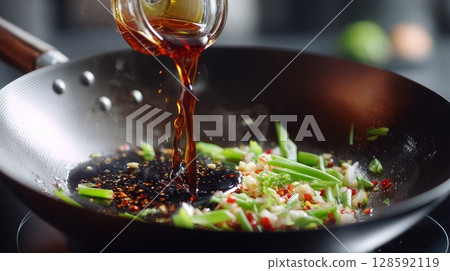Soy sauce and vegetables sizzling in hot wok stir-fry cooking scene. 128592119