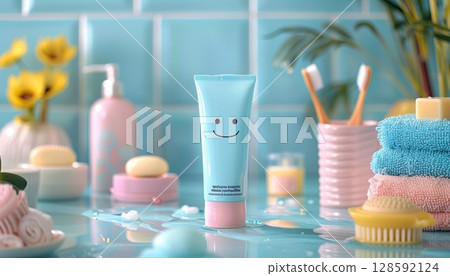 Plastic bottle of toothpaste with a smiley face in the bathroom 128592124