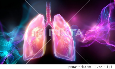 Colorful digital illustration of human lungs with neon smoke effects. 128592141