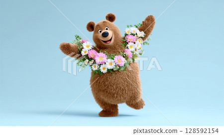 Cheerful cartoon bear with flower garland on blue background. 128592154