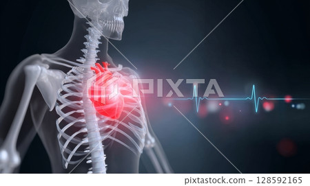 Transparent skeleton with heartbeat and red heart on dark background. 128592165
