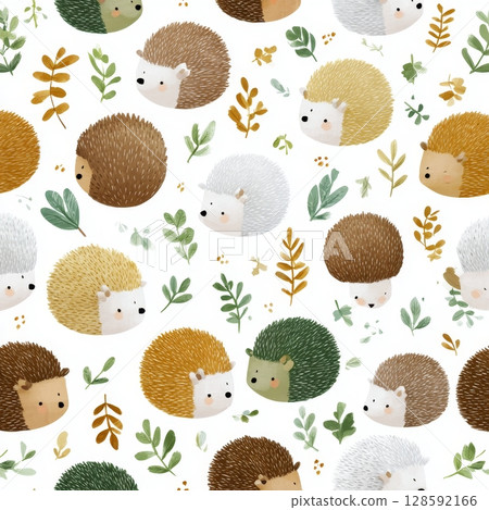 Colorful cute hedgehogs and leaves seamless pattern on white background. 128592166