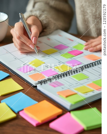 Female planning her month using calendar and colorful sticky notes. Female planning her month using calendar and colorful sticky notes. 128592179