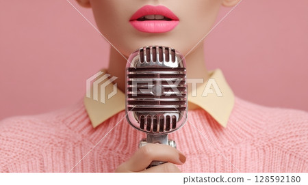 Close-up of female singer with retro microphone and pink lipstick. 128592180