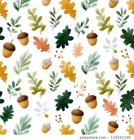 Watercolor autumn pattern with acorns, oak, and various leaves. Watercolor autumn pattern with acorns, oak, and various leaves. 128592190