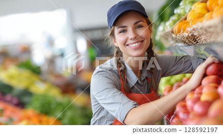 Smiling caucasian female adult working in grocery store produce section. 128592197