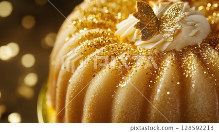 Golden cake with glitter topping and creamy swirl closeup, festive dessert with edible decorations 128592213