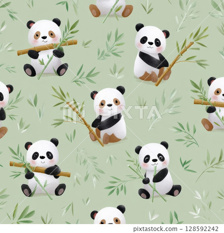 Cute panda pattern with playful bears and bamboo on light green background. Cute panda pattern with playful bears and bamboo on light green background. 128592242