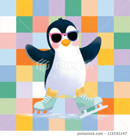 Colorful penguin ice skating with sunglasses on checkerboard background. Colorful penguin ice skating with sunglasses on checkerboard background. 128592247