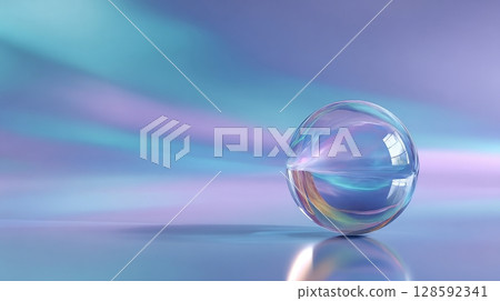 Iridescent sphere on reflective surface with soft pastel lighting. 128592341