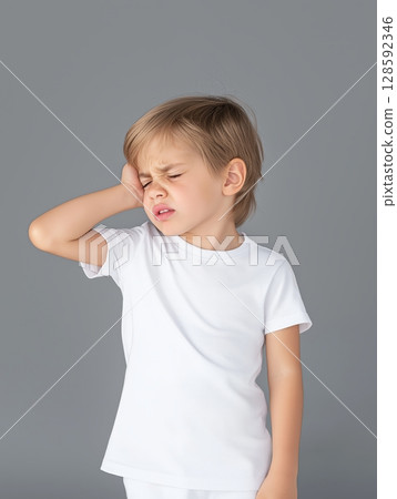 Caucasian young boy with earache in white t-shirt on gray background. 128592346