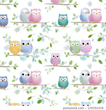 Colorful owls perched on branches with leaves in seamless pattern design. 128592439