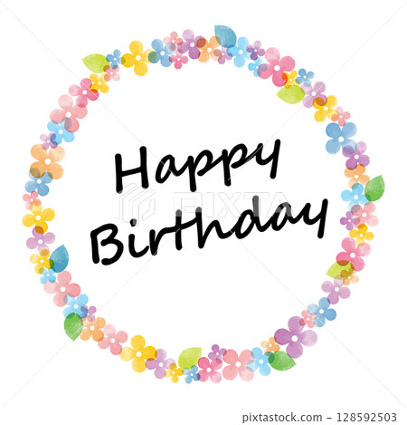 帶有英文片語“生日快樂”的水彩花環 128592503