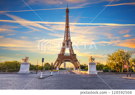Eiffel Tower main panorama, symbol of Paris, sunset light view 128592508