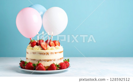 Birthday cake with lots of strawberry cakes on a blue background 128592512