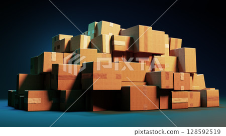 Pyramid of Cardboard Boxes: A Chaotic Stacking Against a Dark Blue Backdrop 128592519