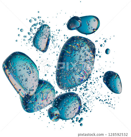 Abstract Iridescent Bubble with Surrounding Water Droplets on White Background Abstract Iridescent Bubble with Surrounding Water Droplets on White Background 128592532