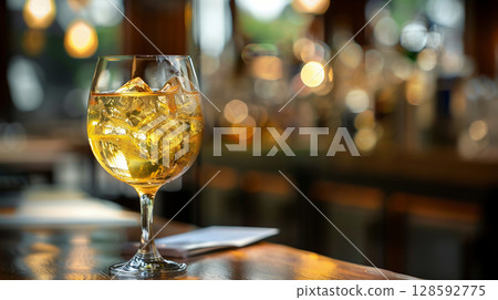 吧台上放著加冰的蘋果酒，還有美麗的散景燈 128592775